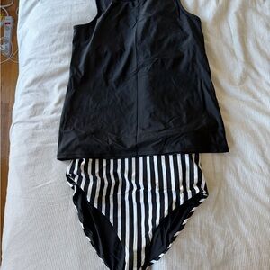 Black and White Striped Swimsuit- XL